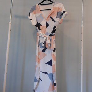 Abstract Geometric Print Tie-belt Dress Blue Pink White - Size XL